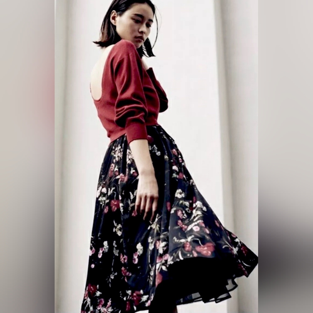SNIDEL Deep Red Sweater & Cami + Floral Skirt Dress Japanese brand